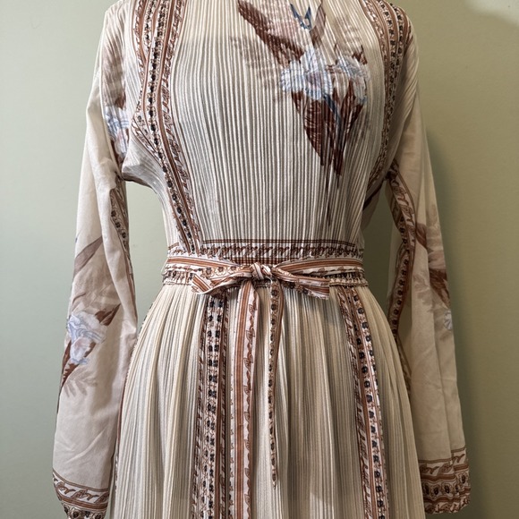 Vintage Hal Ferman Dress 1970s Boho Cream Brown Floral Sheer Long Sleeve Size 8 - Picture 7 of 10